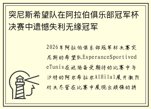 突尼斯希望队在阿拉伯俱乐部冠军杯决赛中遗憾失利无缘冠军